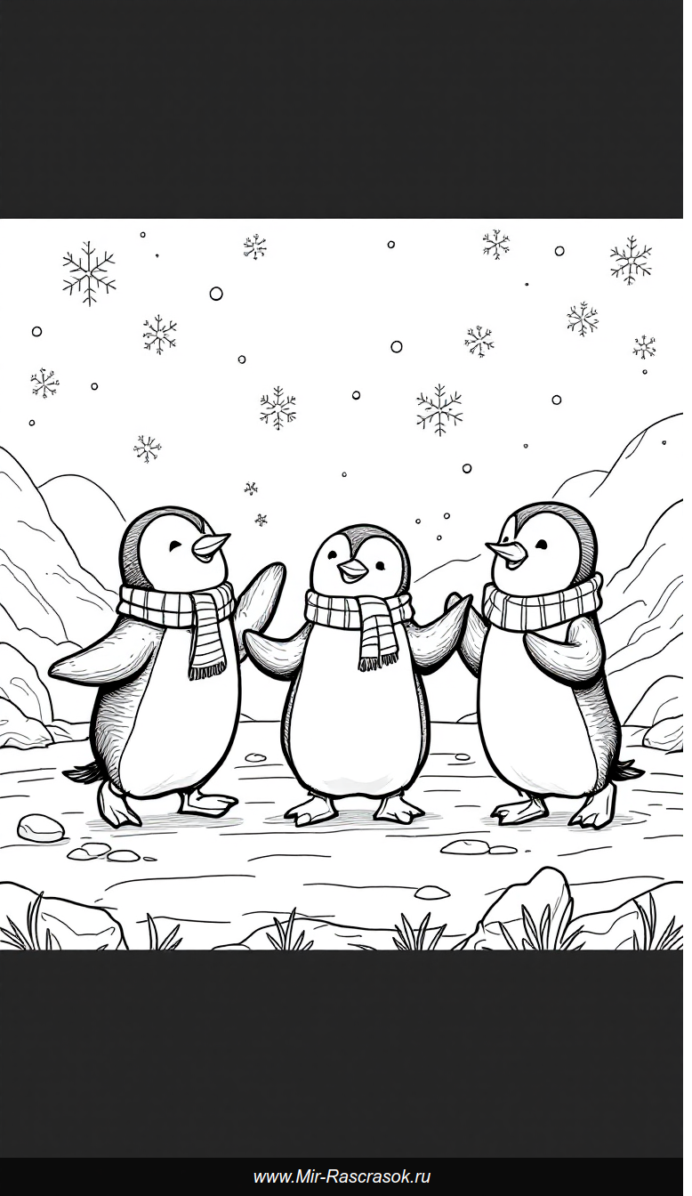 Весёлый танец трёх пингвинов в раскраске для детей