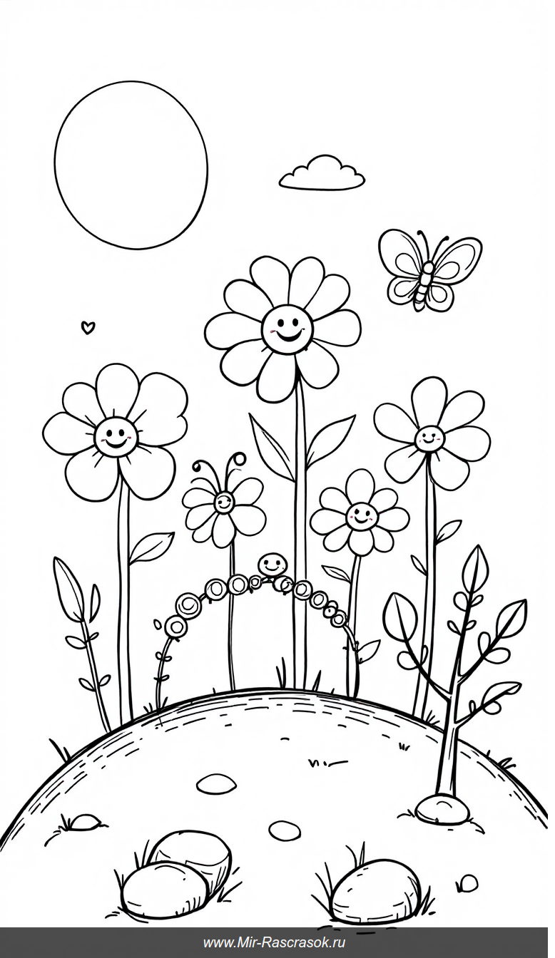 Раскрась весёлый сад с улыбающимся солнцем и забавными букашками