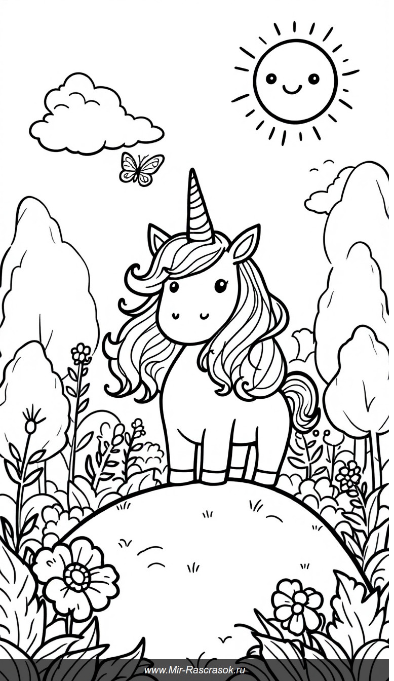 Волшебный единорог и яркое солнечное небо для детской раскраски