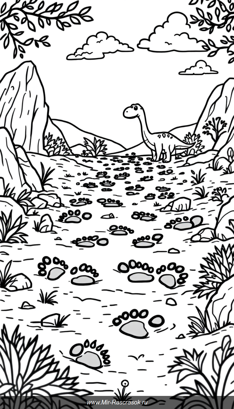 Откройте для детей мир динозавров с нашей раскраской с веселыми следами динозавров 🦕🖍️ Простые линии и забавный дизайн помогут малышам развивать фантазию и творческие навыки 🎨 Отличный способ провести время весело и познавательно под солнцем ☀️🌿