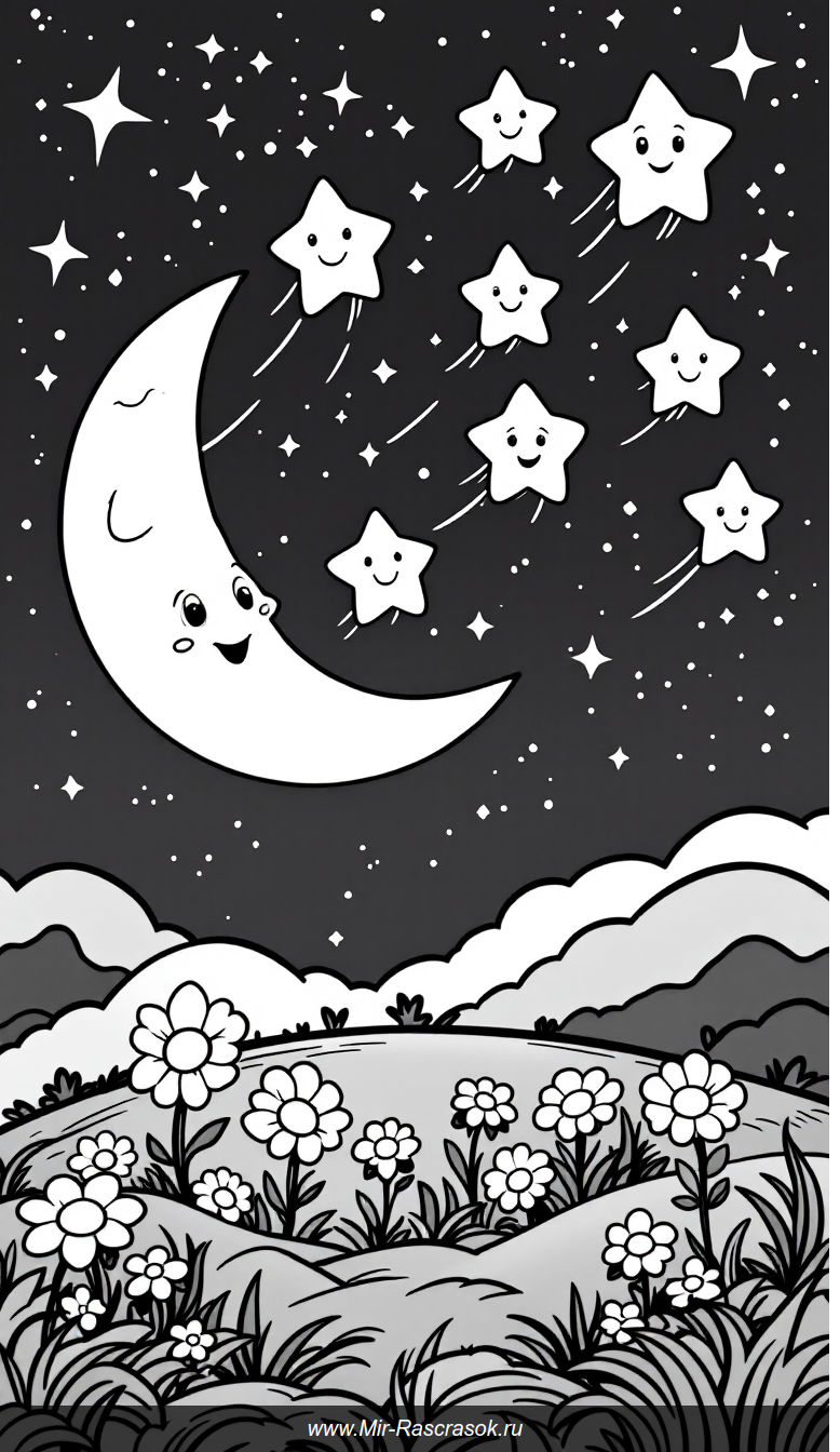 Весёлые звёздочки и зайчик под лунным светом раскраска для детей