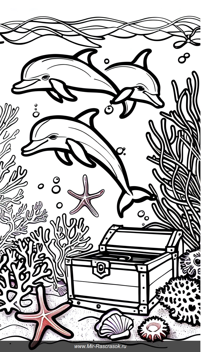 Раскраска с морским подводным миром веселых дельфинов и сокровищами