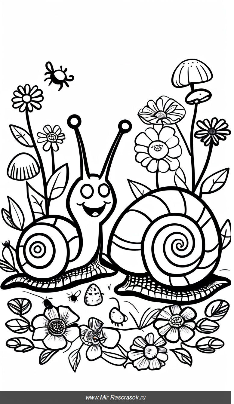 Раскраска с двумя улыбающимися улитками среди цветов и насекомых