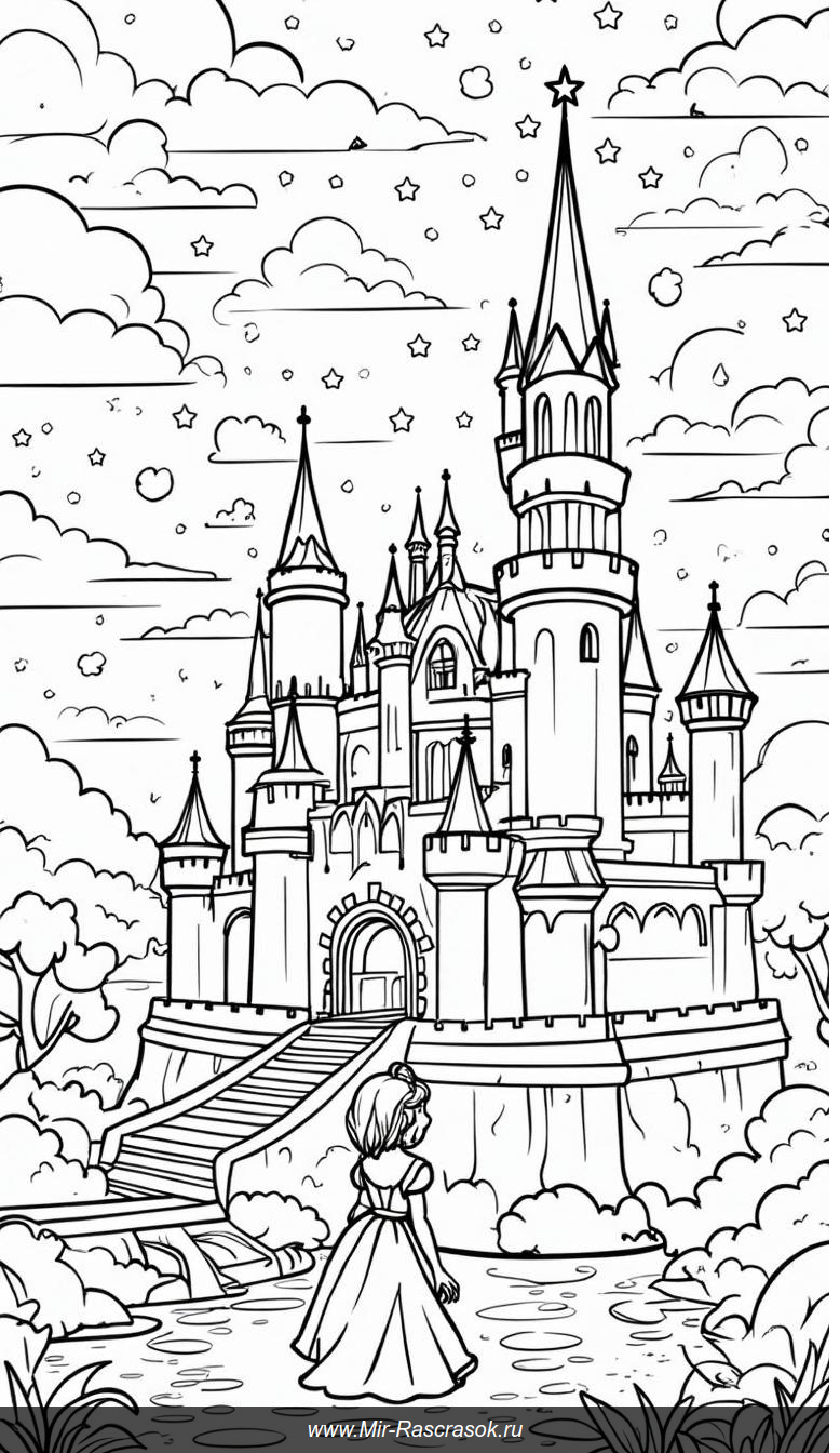 Волшебный замок и принцесса в мире раскраски