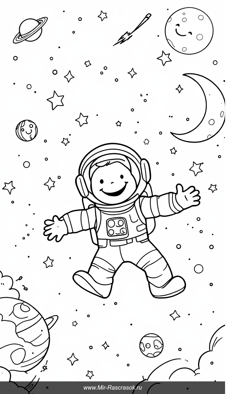 Весёлый астронавт и друзья в космической раскраске для детей