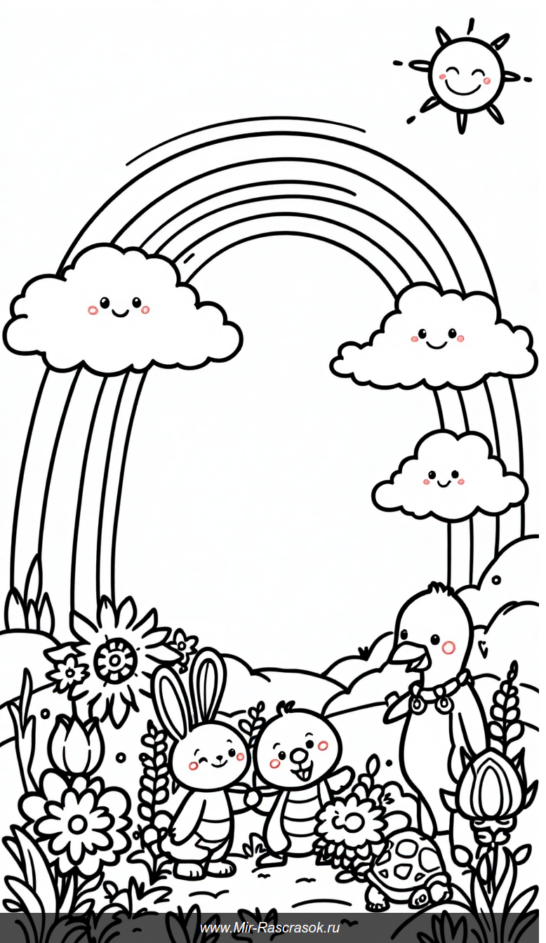 Веселая раскраска с радугой и дружелюбными животными на лугу