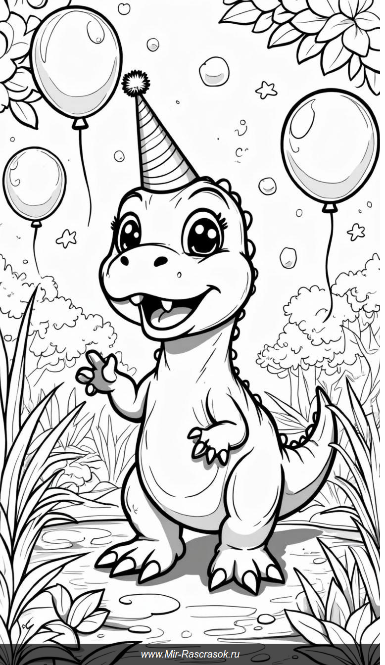 Дружелюбный Ти-Рекс на вечеринке: раскрасьте радостную сцену