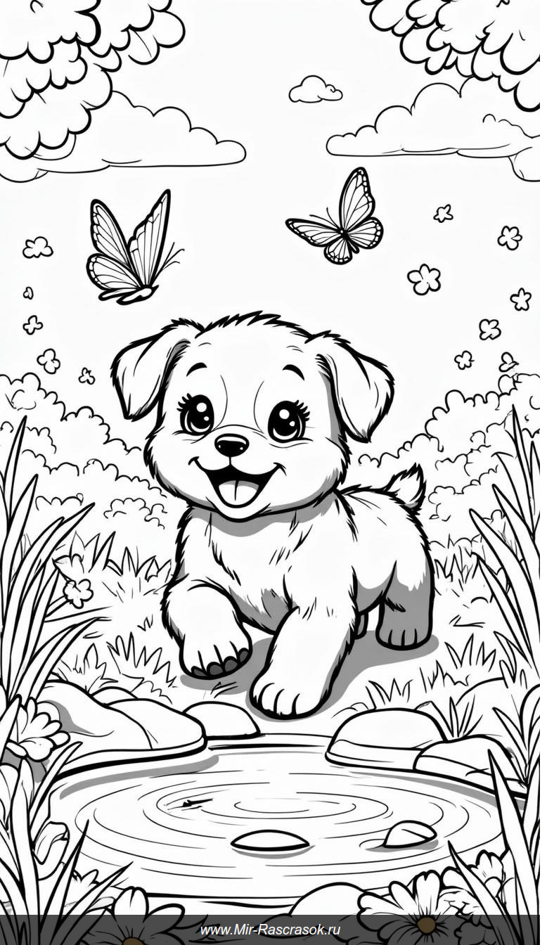 Раскраска: Щенок гоняется за бабочками в цветущем лугу