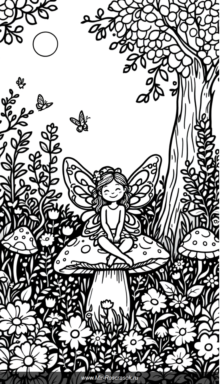 Волшебный сад фей для раскрашивания с улыбчивой феей на грибах