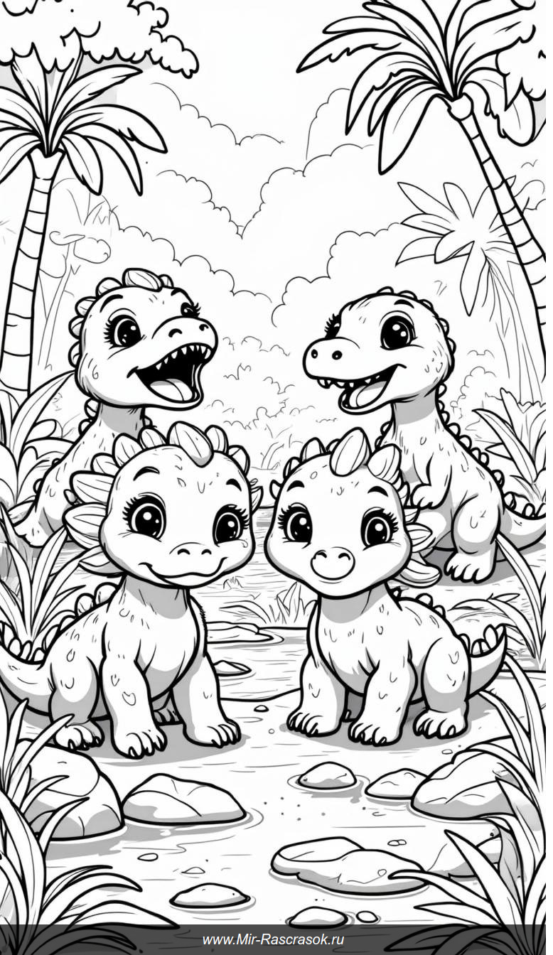 Веселое семейство динозавров в доисторическом джунгле для раскраски