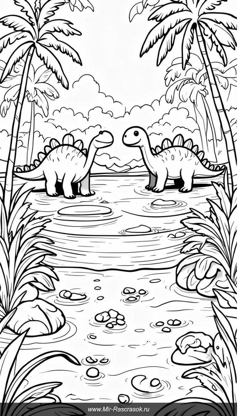 Раскраска с динозаврами в волшебном пейзаже