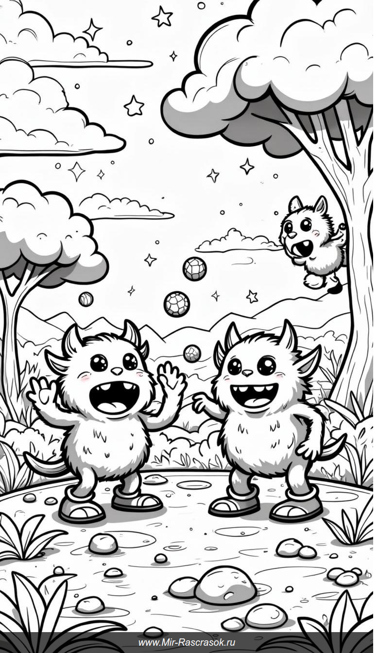 Веселые монстры в удивительном мире раскраски