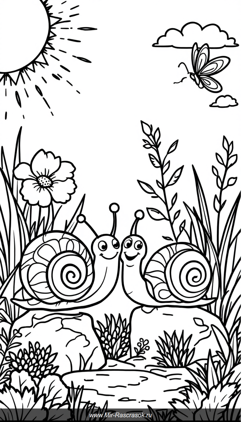 Раскраска с дружелюбными улитками в солнечном саду для детей