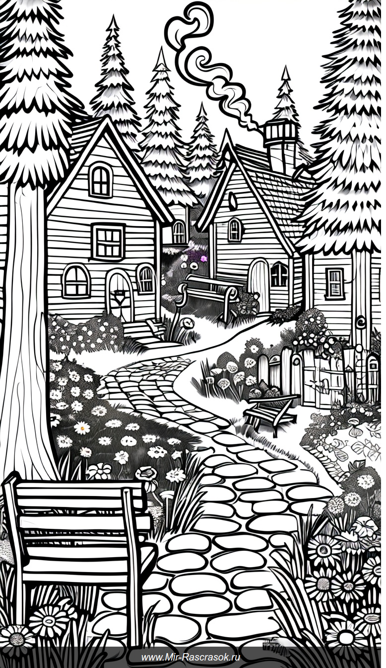 Раскраска с очаровательной деревенской сценой среди сосен и цветущего сада