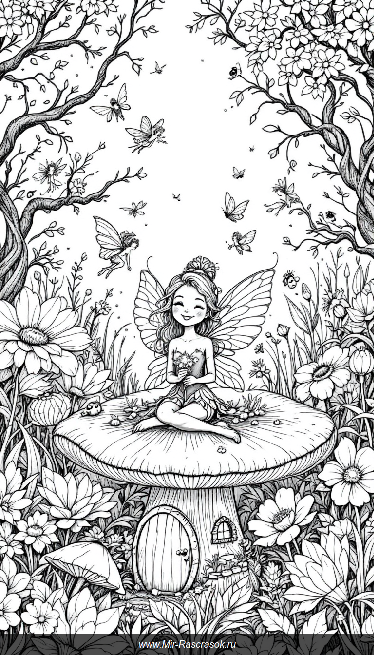 Волшебный сад фей для раскрашивания с дружелюбными крылатыми героями