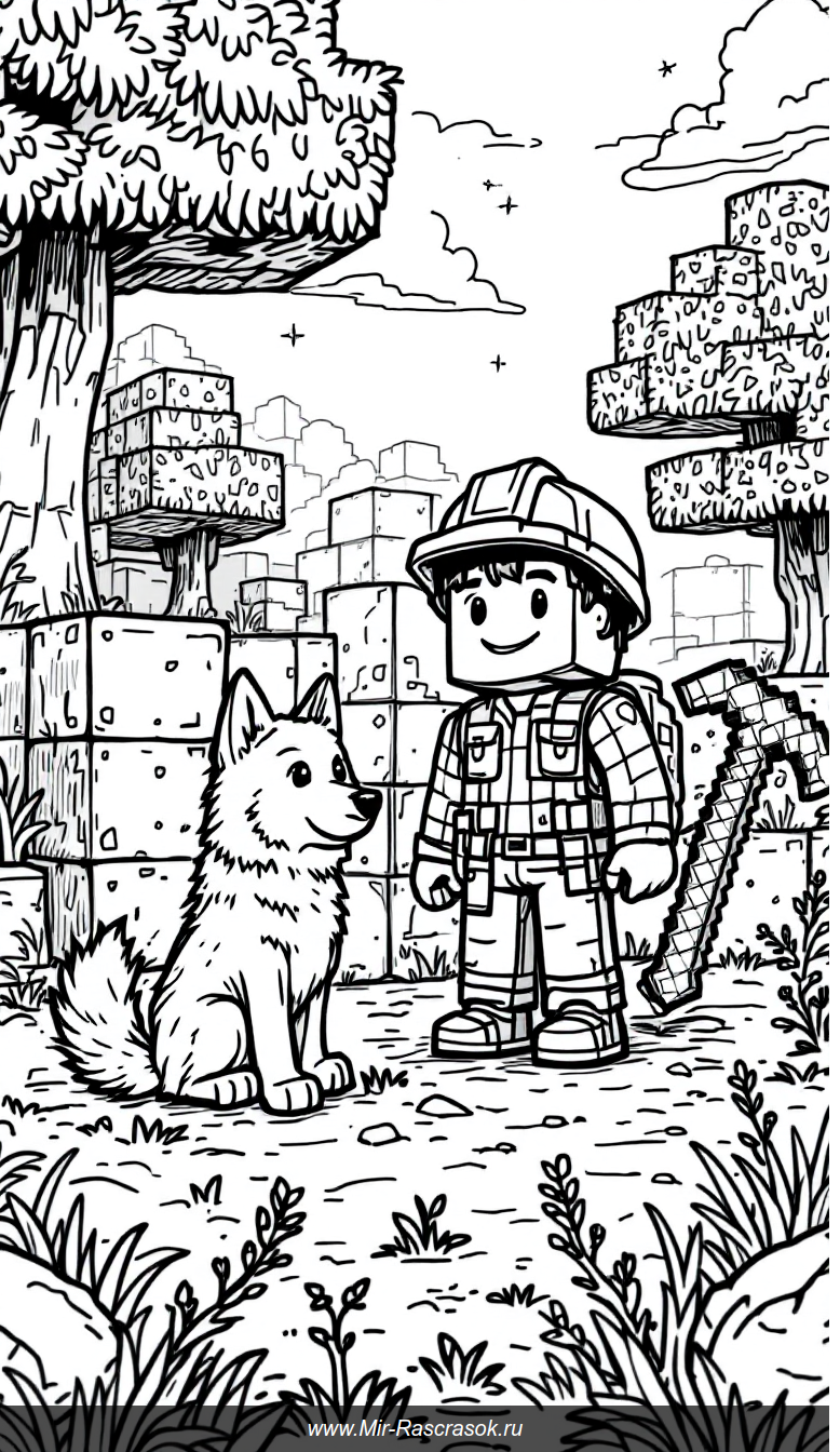 Веселый маленький шахтер и его друг волк в мире блоков для раскрашивания