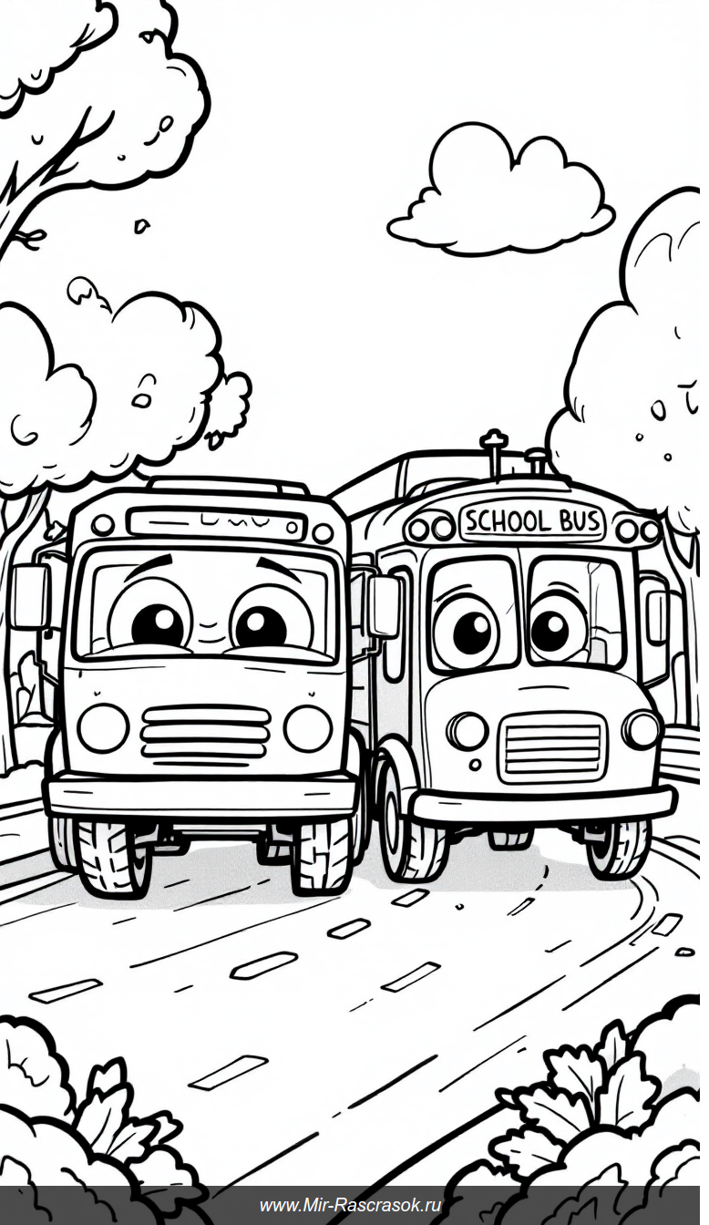 Весёлый грузовик и школьный автобус в городе для раскрашивания