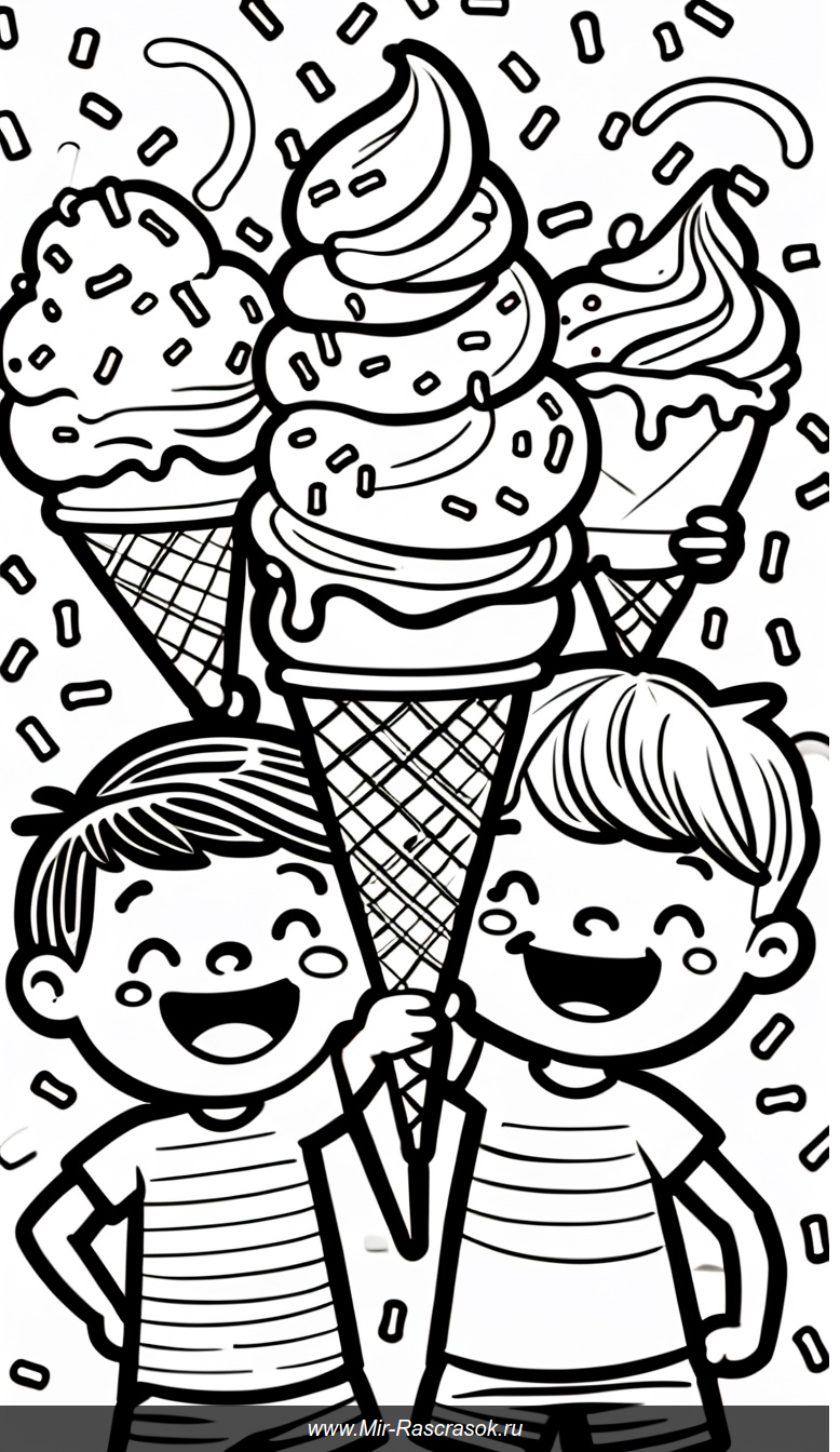 Весёлые дети с гигантским мороженым в раскраске радость и творчество