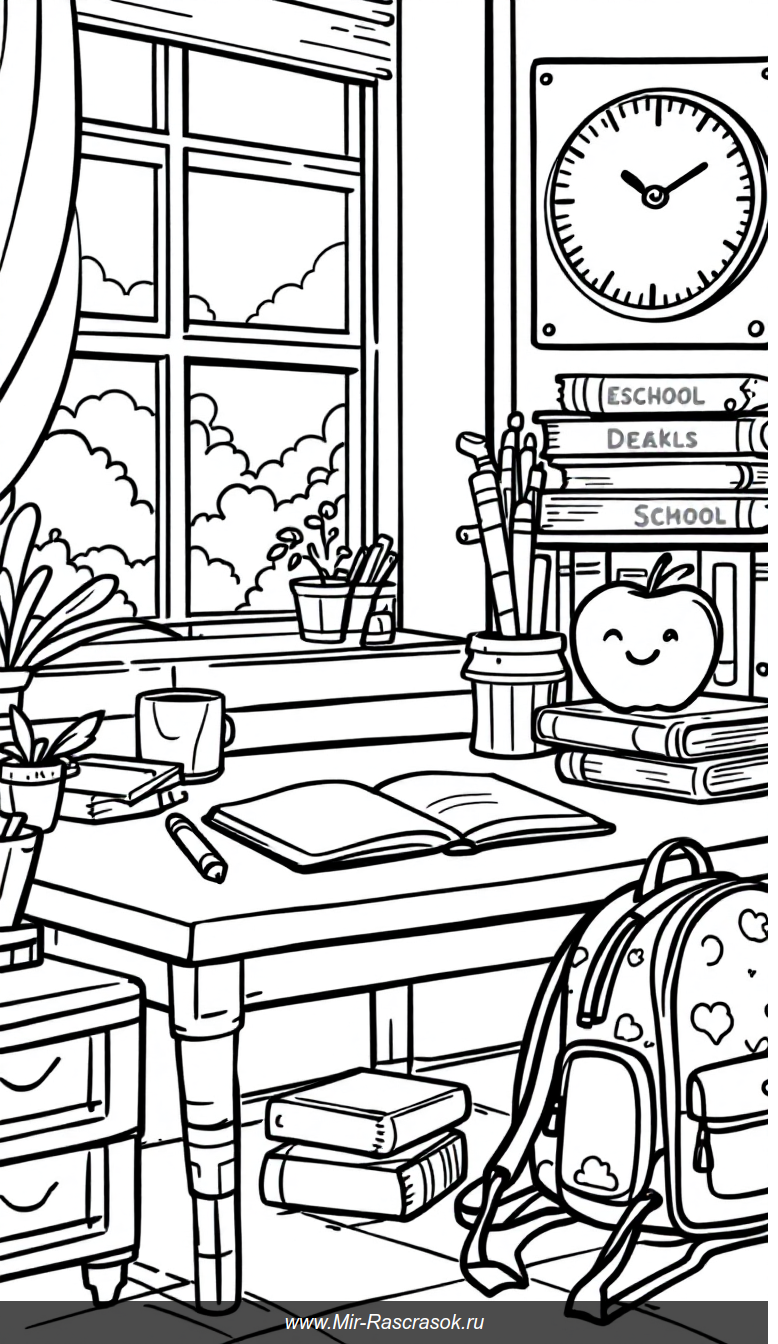 Радостный школьный стол для раскрашивания с ярким рюкзаком и учебными предметами