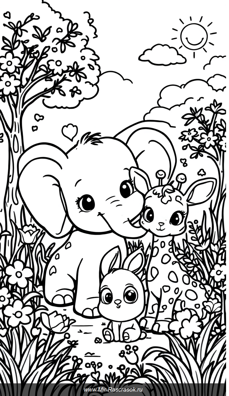 Весёлые зверята на лугу для детской раскраски