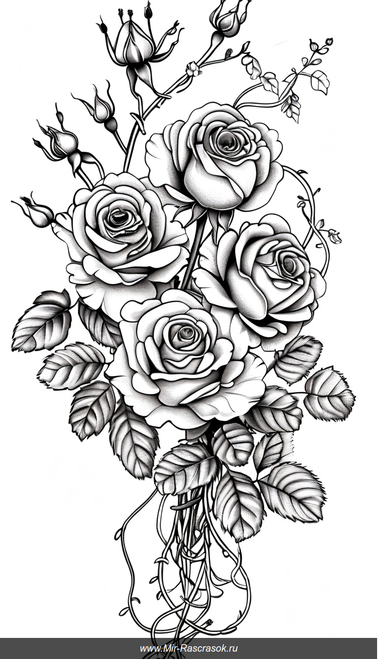 Раскраска Черно-белый букет роз с детализированными лепестками и листьями