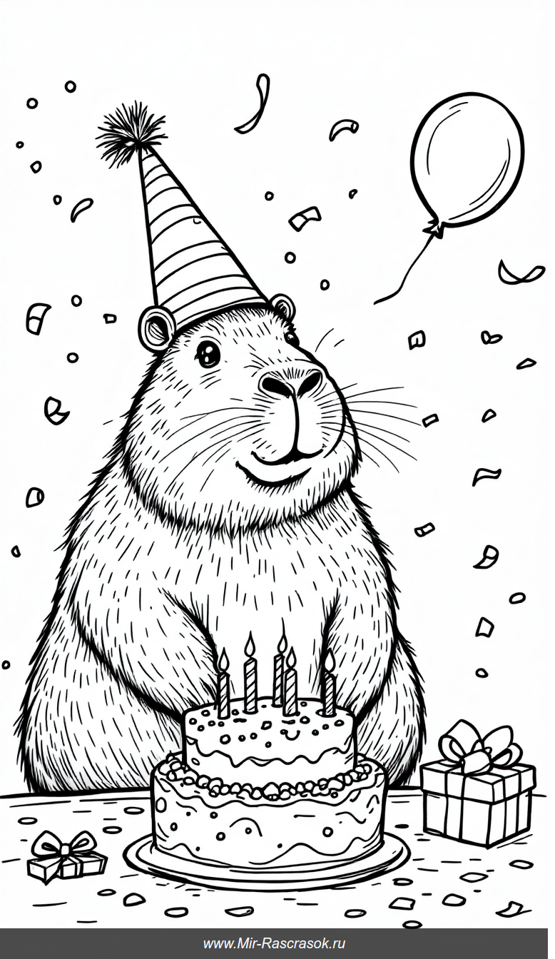 Веселый капибара на детском дне рождения раскраска для малышей