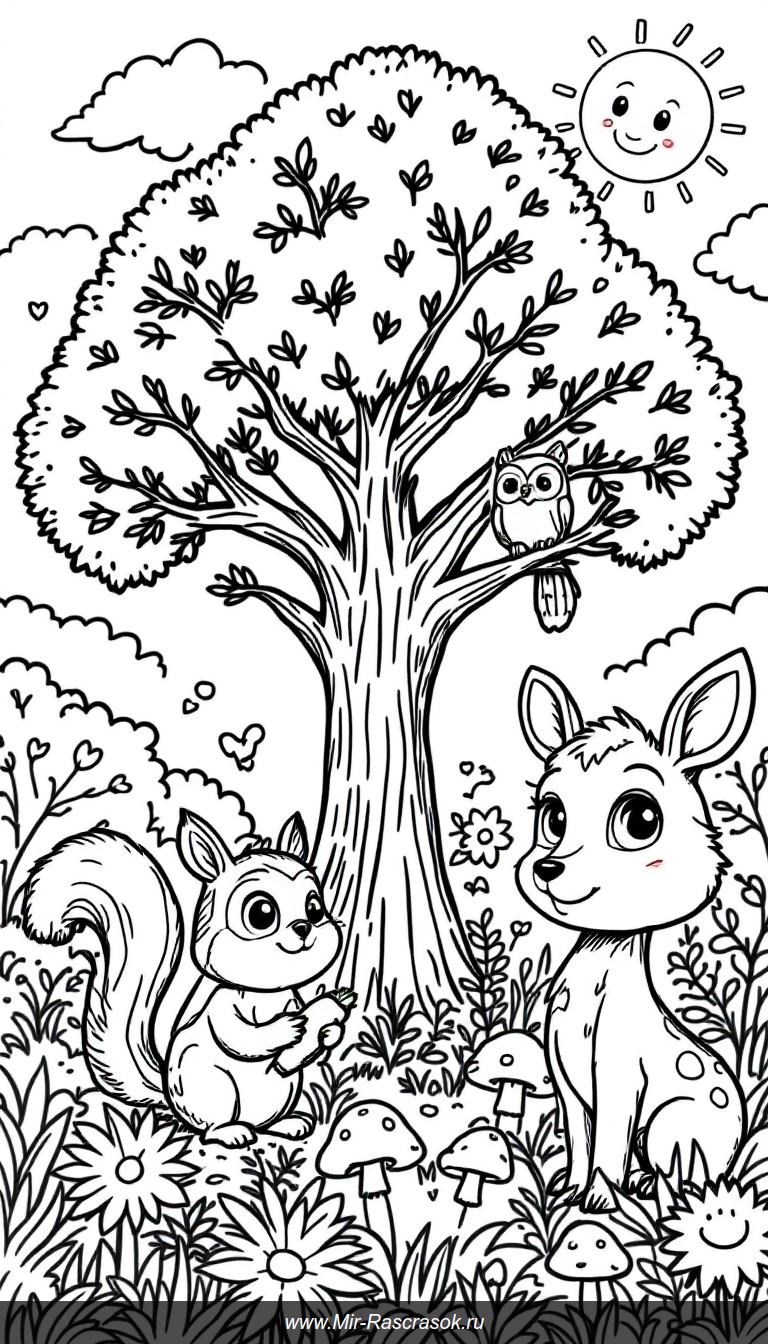Весёлый лесной пейзаж для детской раскраски с дружелюбными животными