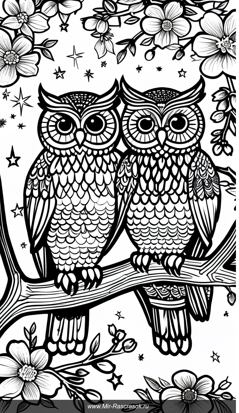 Раскраска с двумя милыми совами на ветке среди цветов и звезд