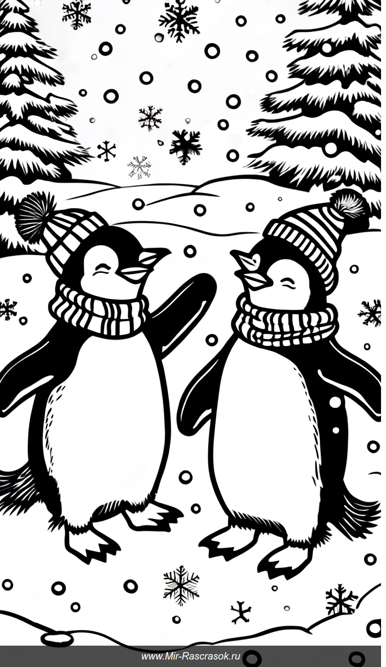 Веселые пингвины танцуют в зимнем лесу Раскраска для творчества
