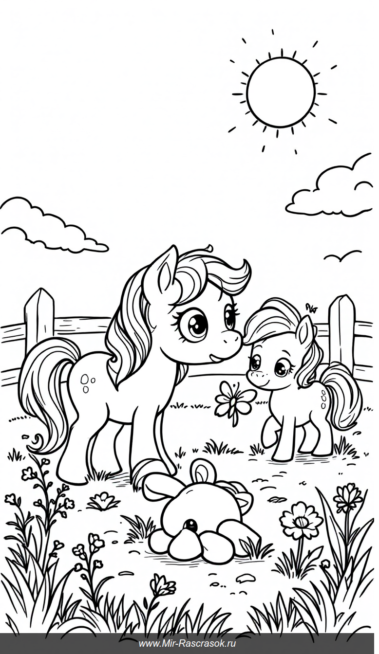Веселая раскраска с милыми пони на солнечной поляне