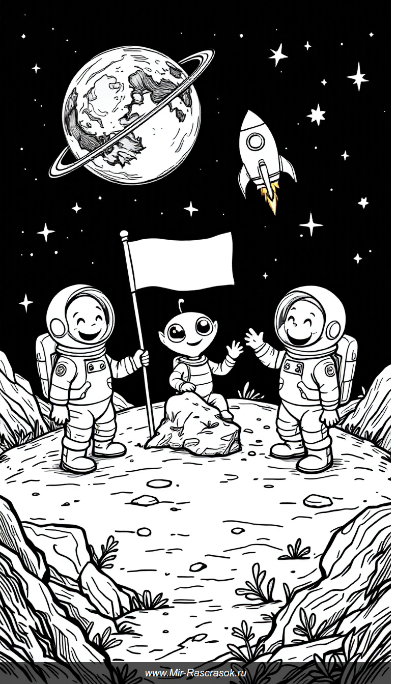Веселая лунная раскраска с астронавтами и дружелюбным пришельцем