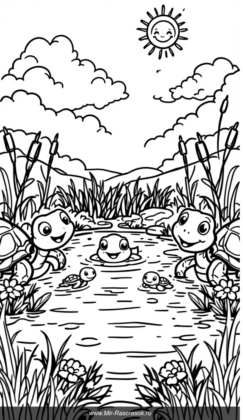 Веселые черепашки у пруда детская раскраска для радостного творчества