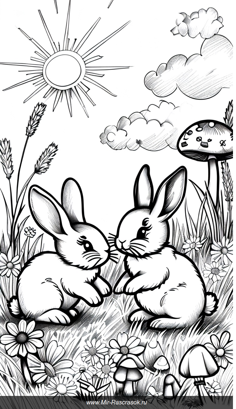Очаровательные кролики в раскраске на лугу с грибами и облаками