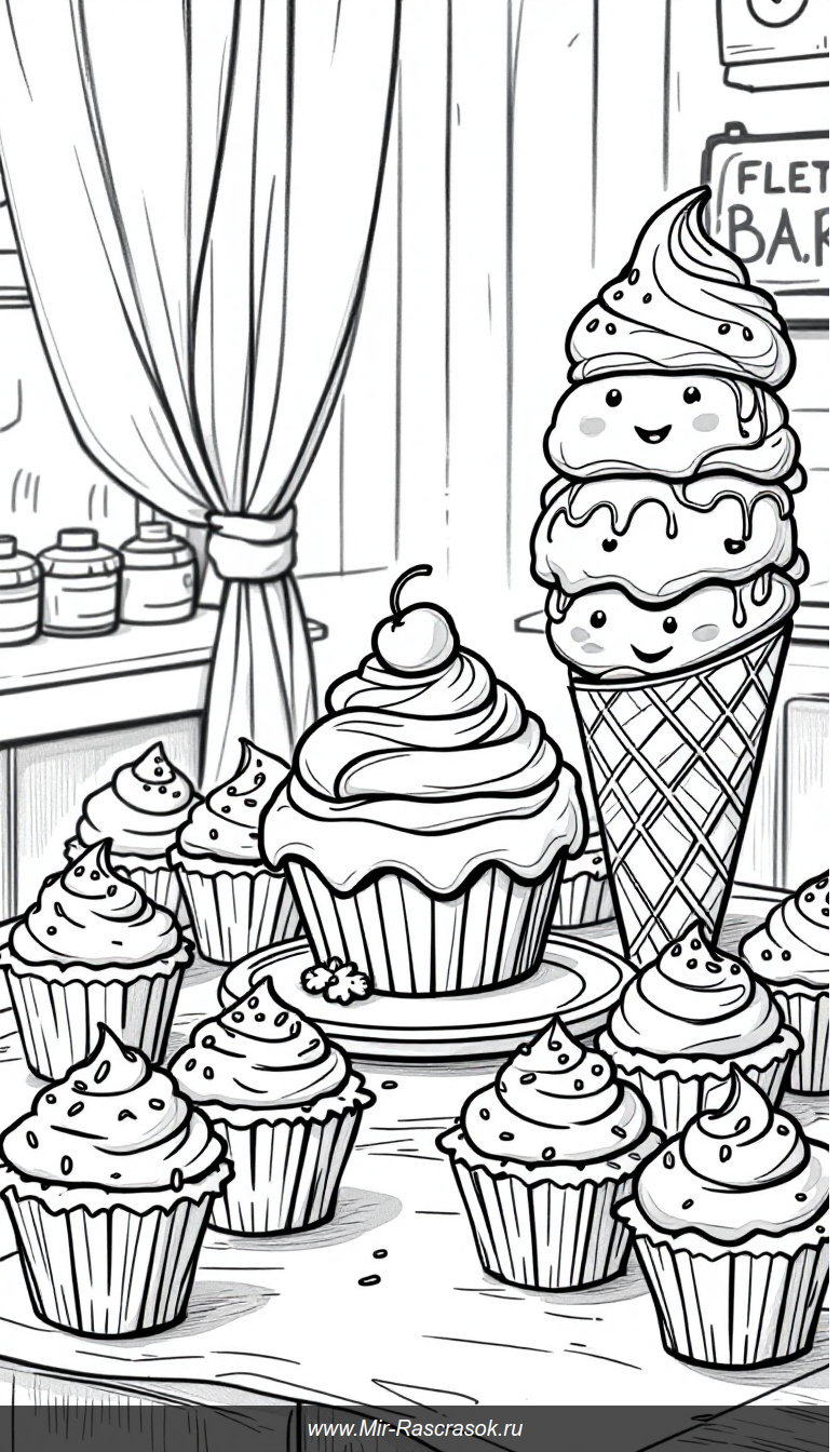 Веселая выпечка и мороженое для раскрашивания детям