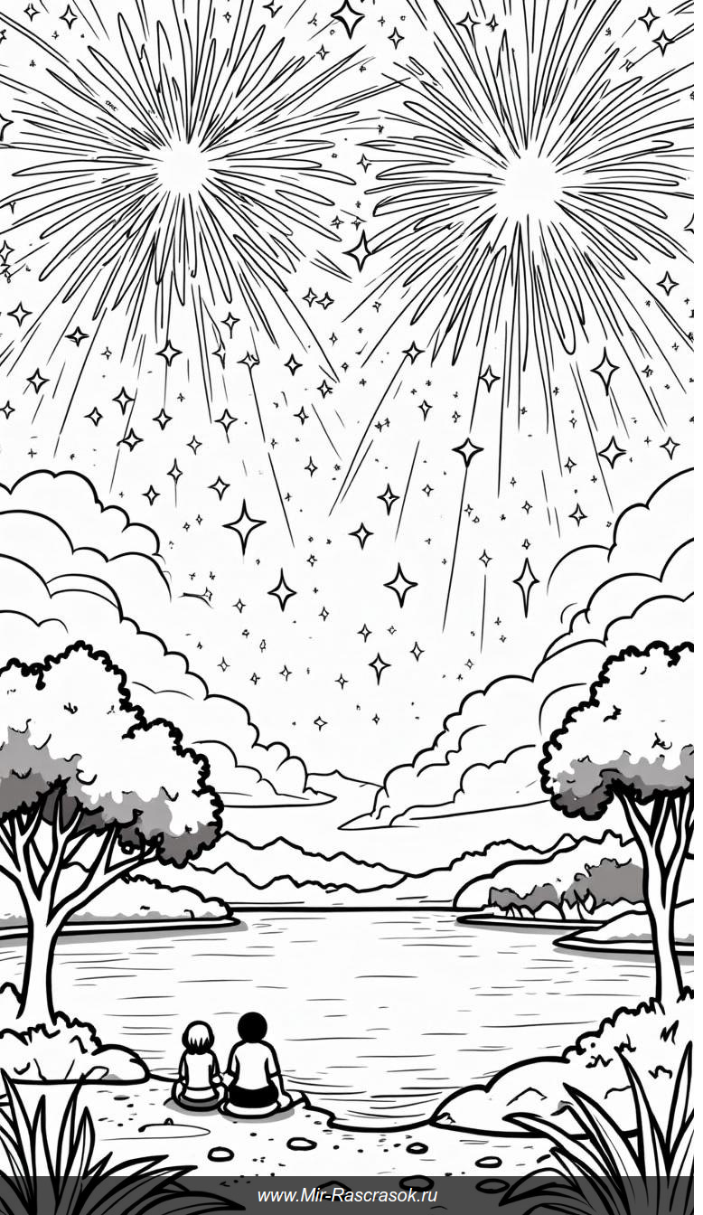 Ночное небо с фейерверками и звёздами