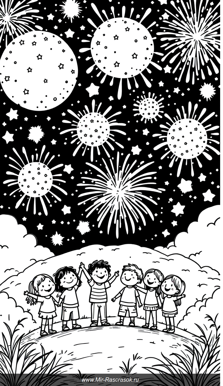 Веселый вечер с фейерверками для детской раскраски