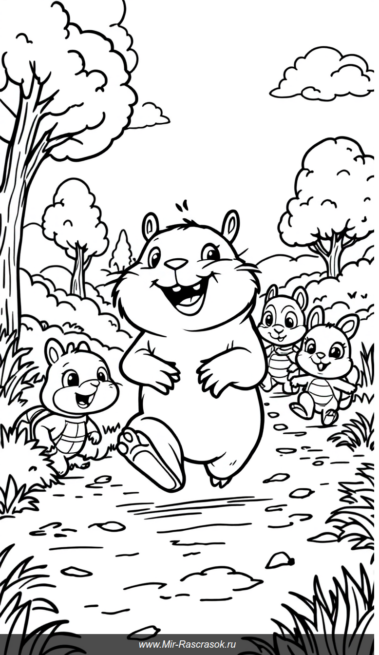 Веселая гонка капибары и друзей для раскрашивания