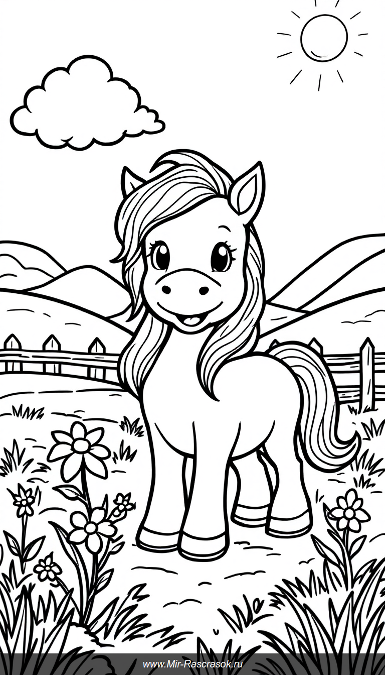 Добрый пони в солнечном лугу раскраска для детей