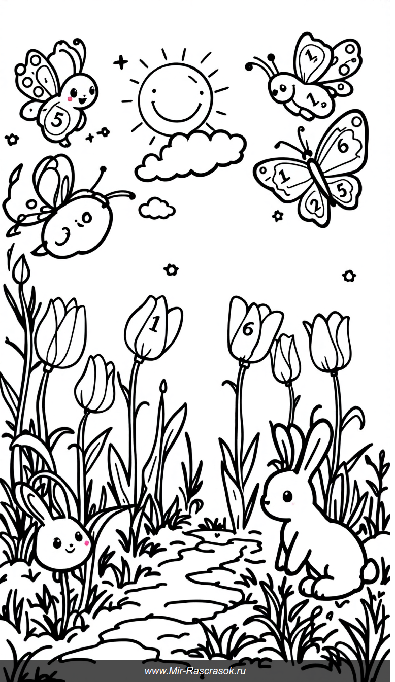 Веселый сад с цифрами для обучения детей счету и раскраске