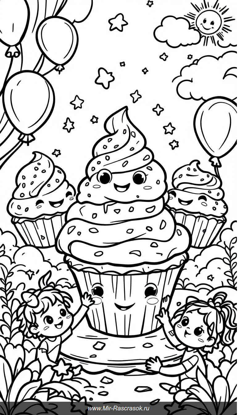 Веселая раскраска с пирожными и радостными детьми для яркого творческого праздника