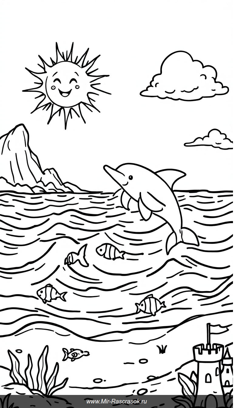 Весёлый дельфин и солнечный пляж в раскраске для детей