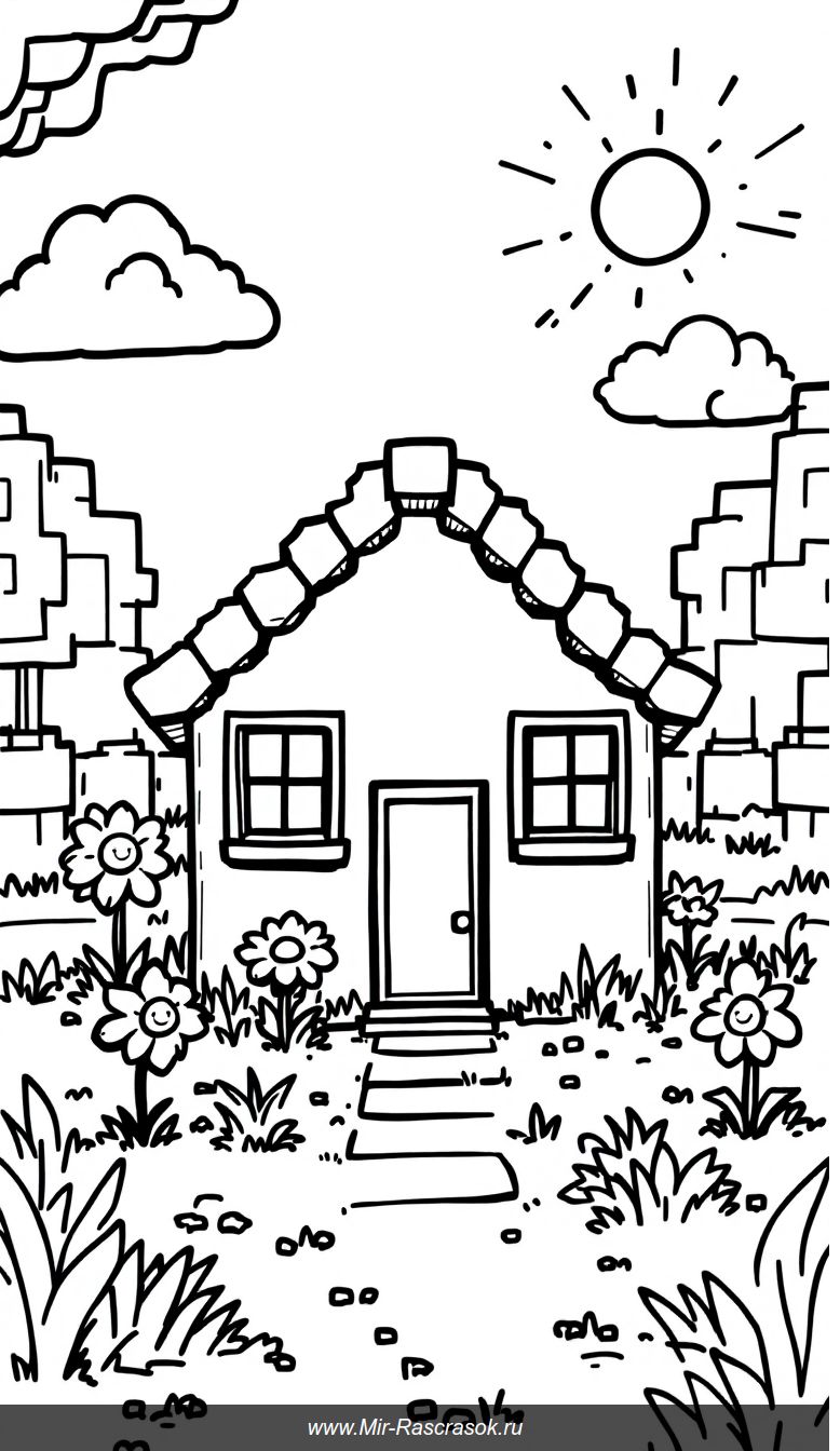 Веселый домик в стиле Майнкрафт для раскрашивания