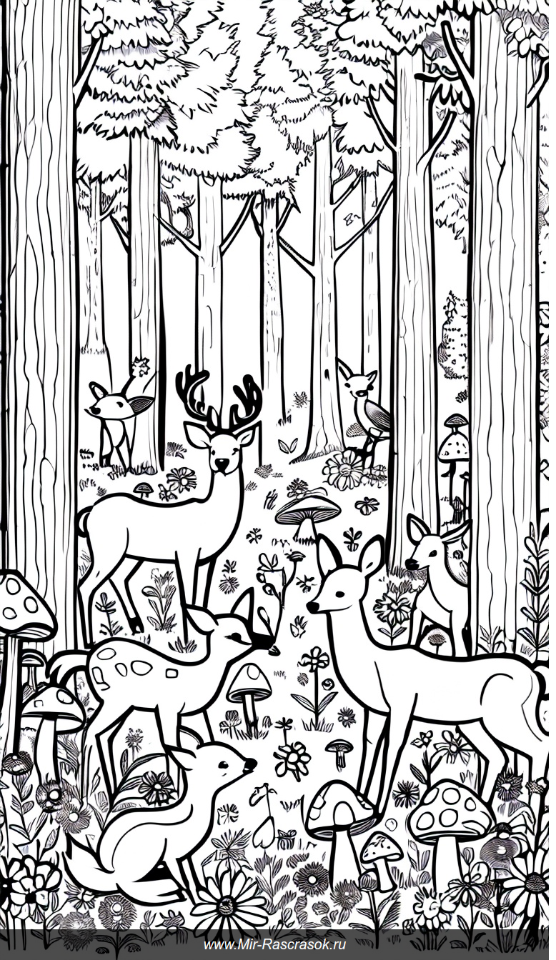 Раскраска лесной поляны с мирными животными для творчества и любви к природе