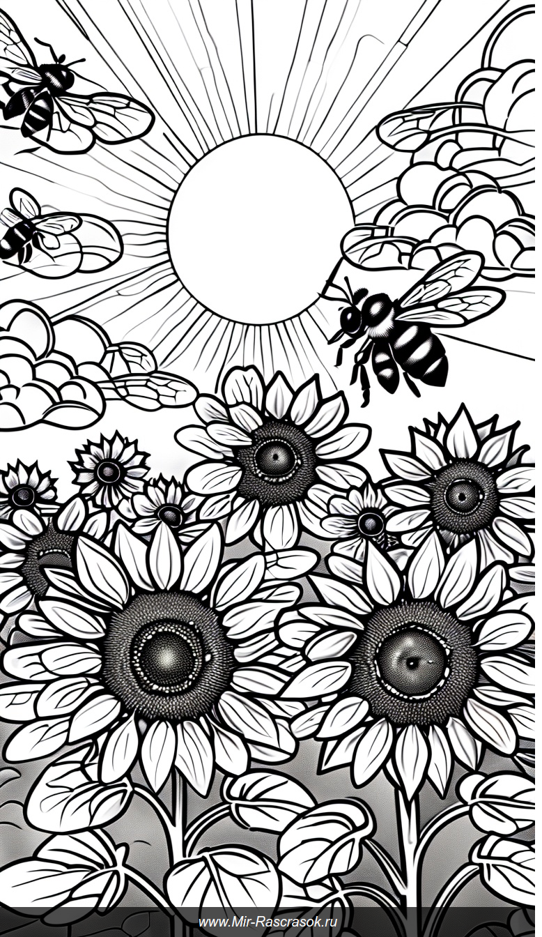 Раскраска с подсолнухами пчелами и ярким летним солнцем
