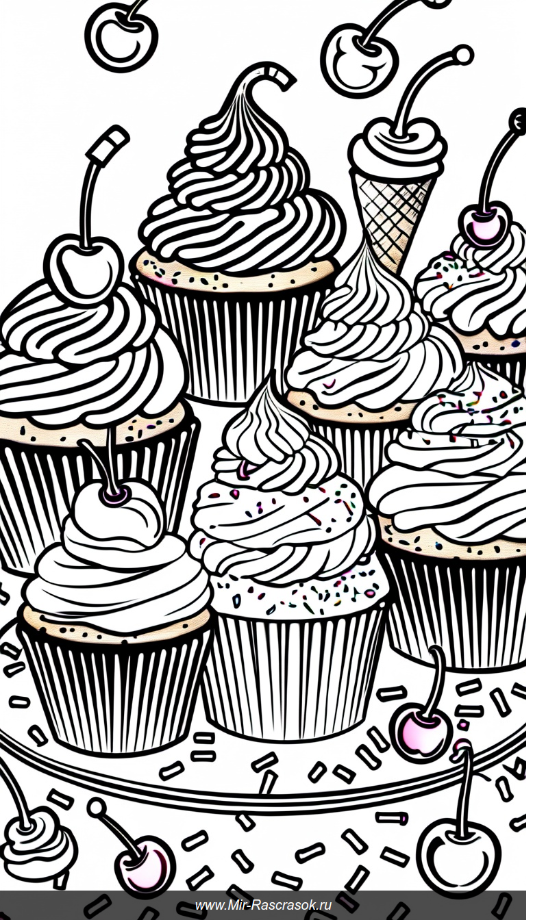 Раскраска с праздничными кексами и мороженым для творчества и веселья