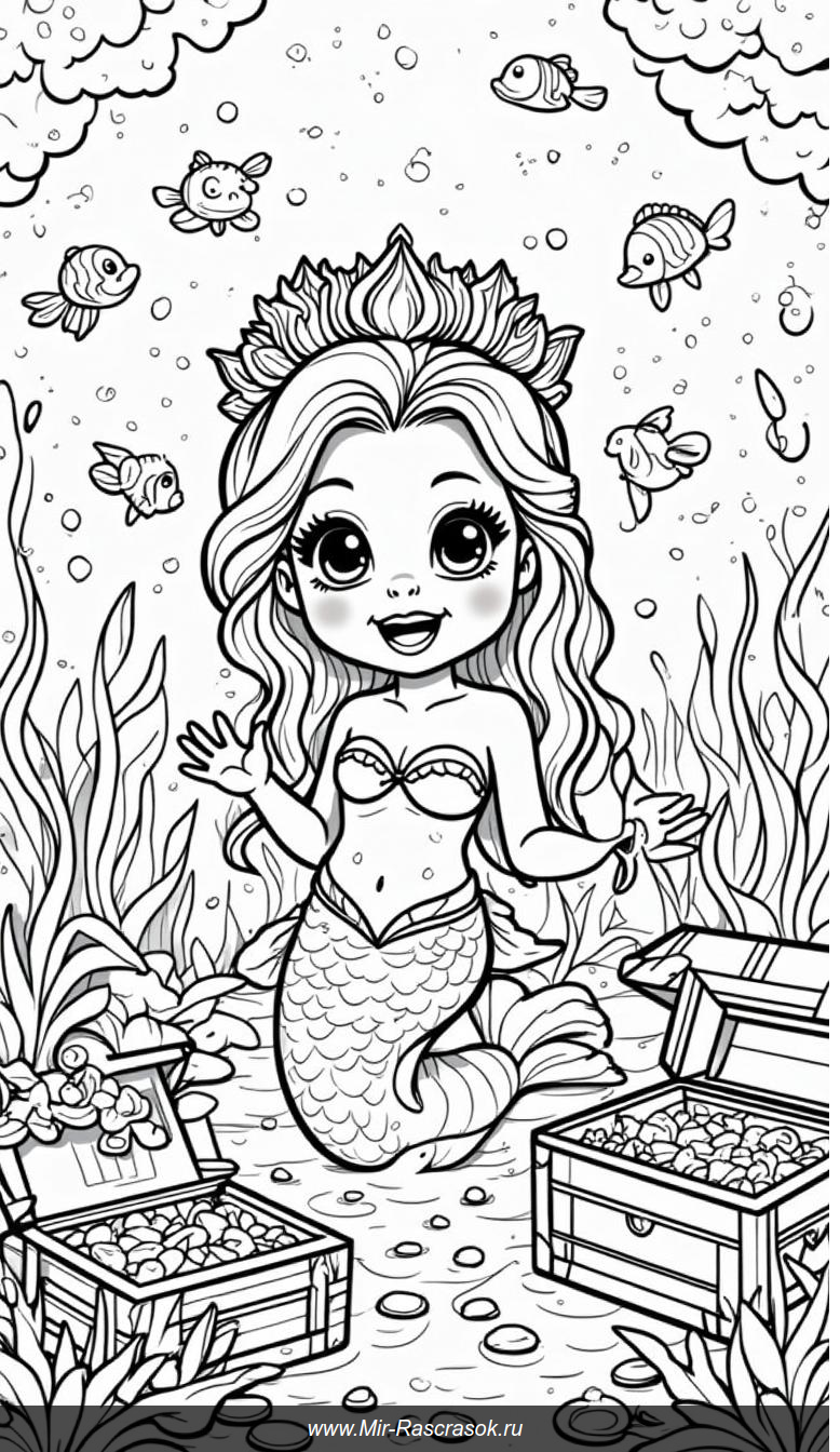 Подводное царство: раскраска с русалкой и сокровищами