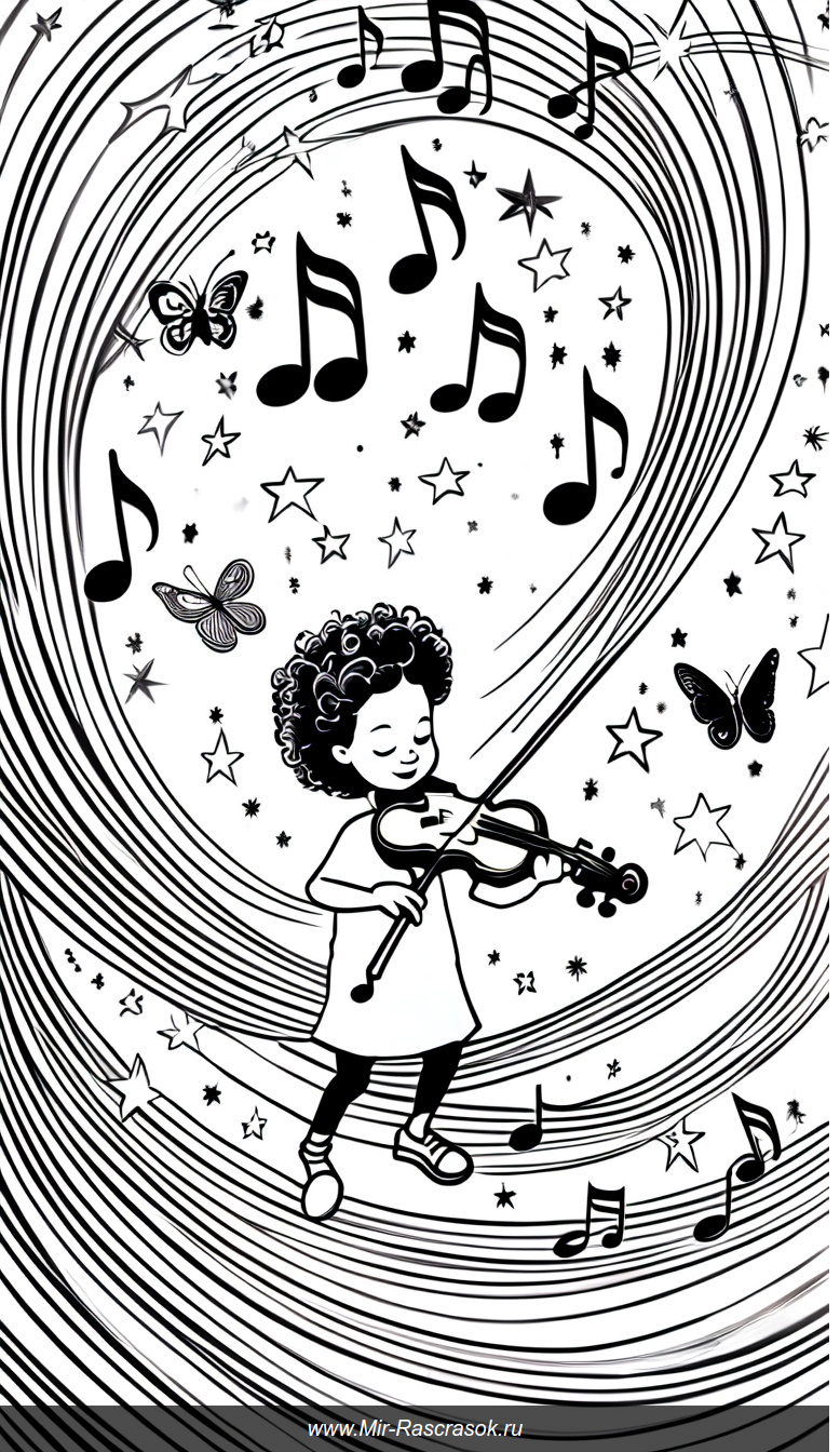 Волшебный мир музыки раскраска с ребёнком и виолончелью среди нот и бабочек