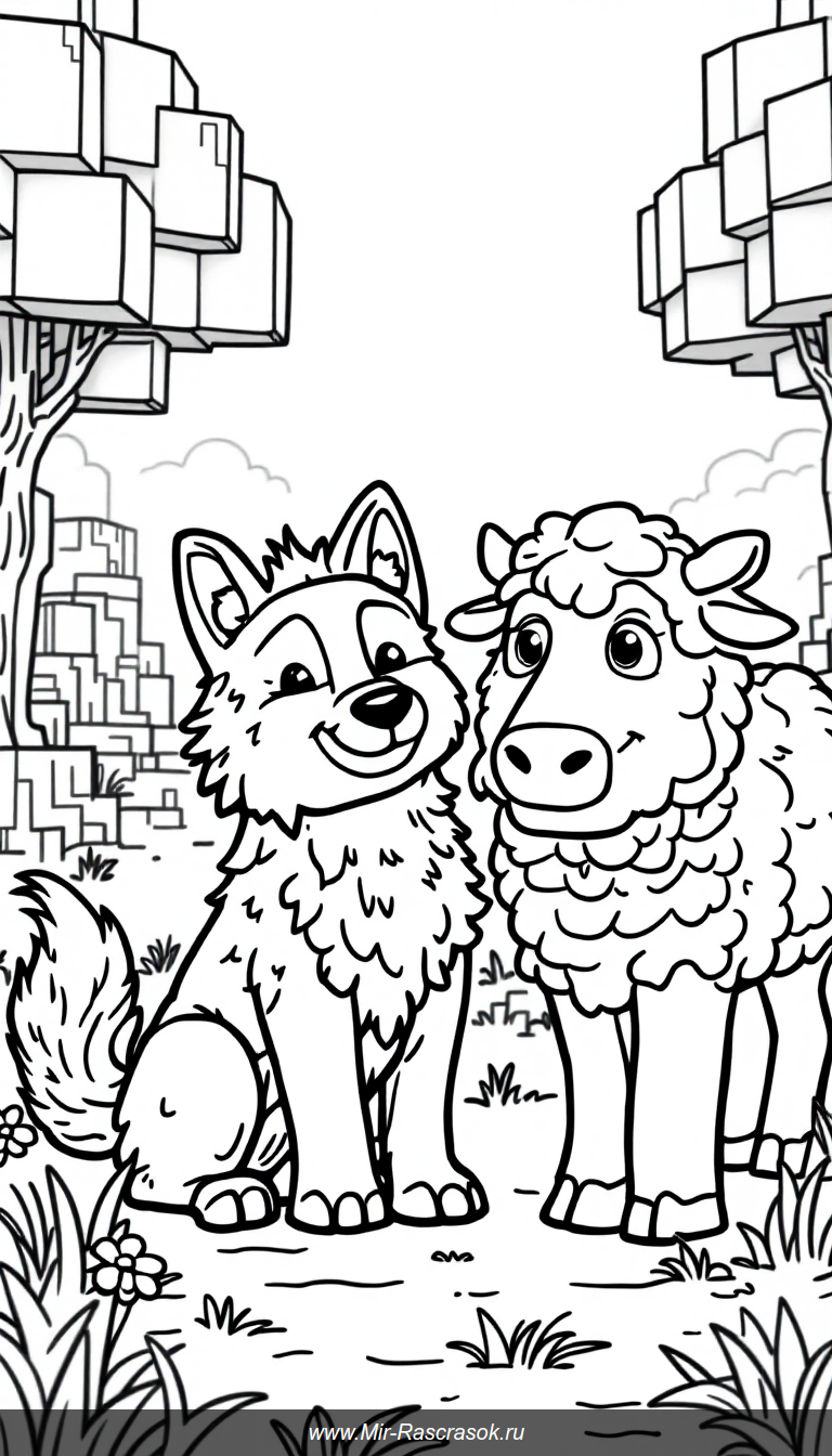 Погрузитесь в удивительный мир Майнкрафт с изображениями волков, овец и коров в раскрасках для детей 🎨🐺🐑🐄 Простой и дружелюбный дизайн помогает развивать творческие навыки и знакомит малышей с любимыми животными игры 🌟 Идеально для веселого и познавательного досуга дома или в школе 🏡