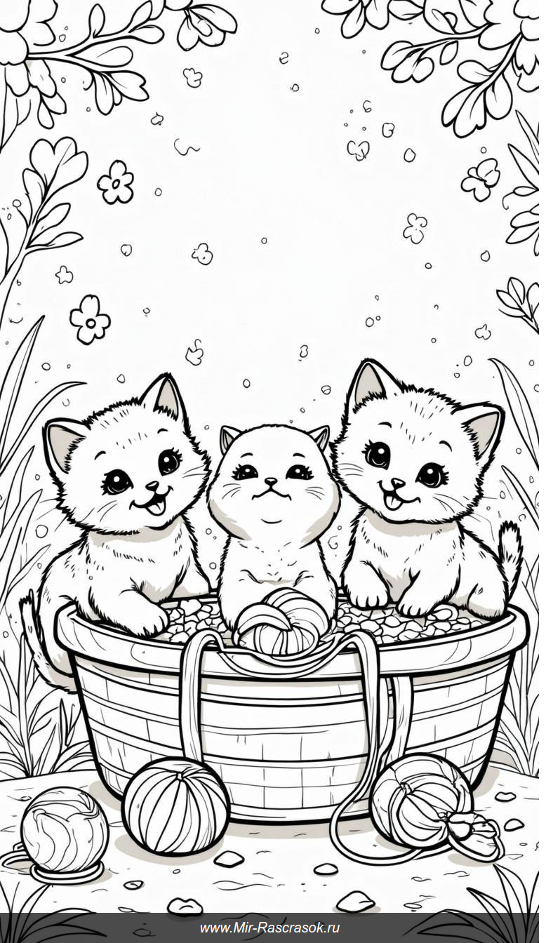 Рисунок с котятами и клубками для раскрашивания