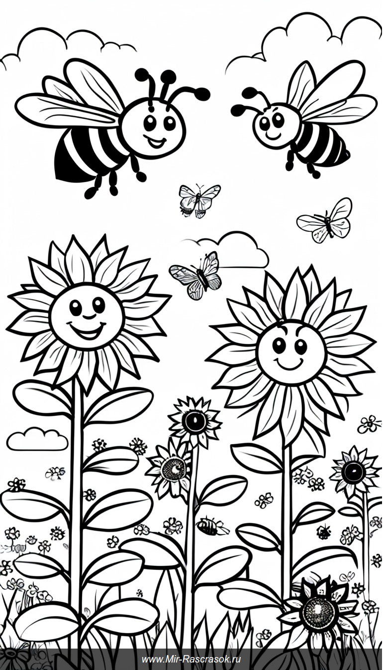 Раскраска с веселыми пчёлами и цветущим садом под ясным небом